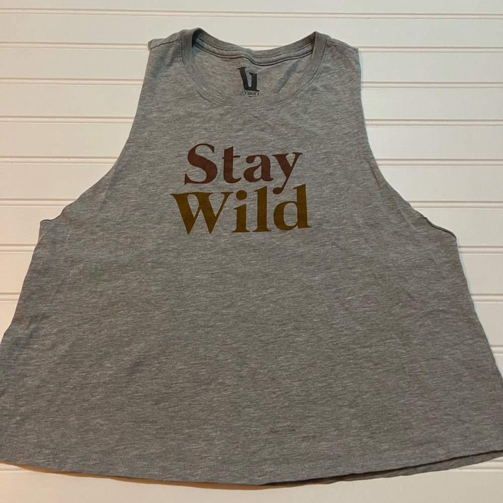 Vuori Stay Wild Tank Top Grey Racerback Cropped Graphic Muscle Tee SZ S